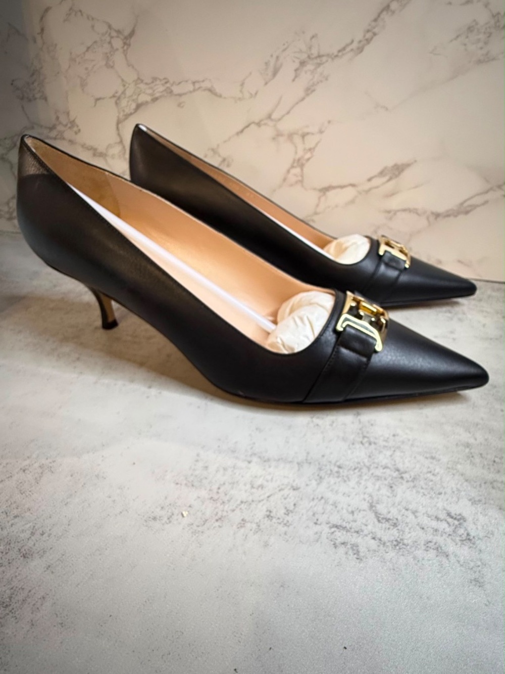 Escada Black Leather Pointed-Toe Kitten Heels